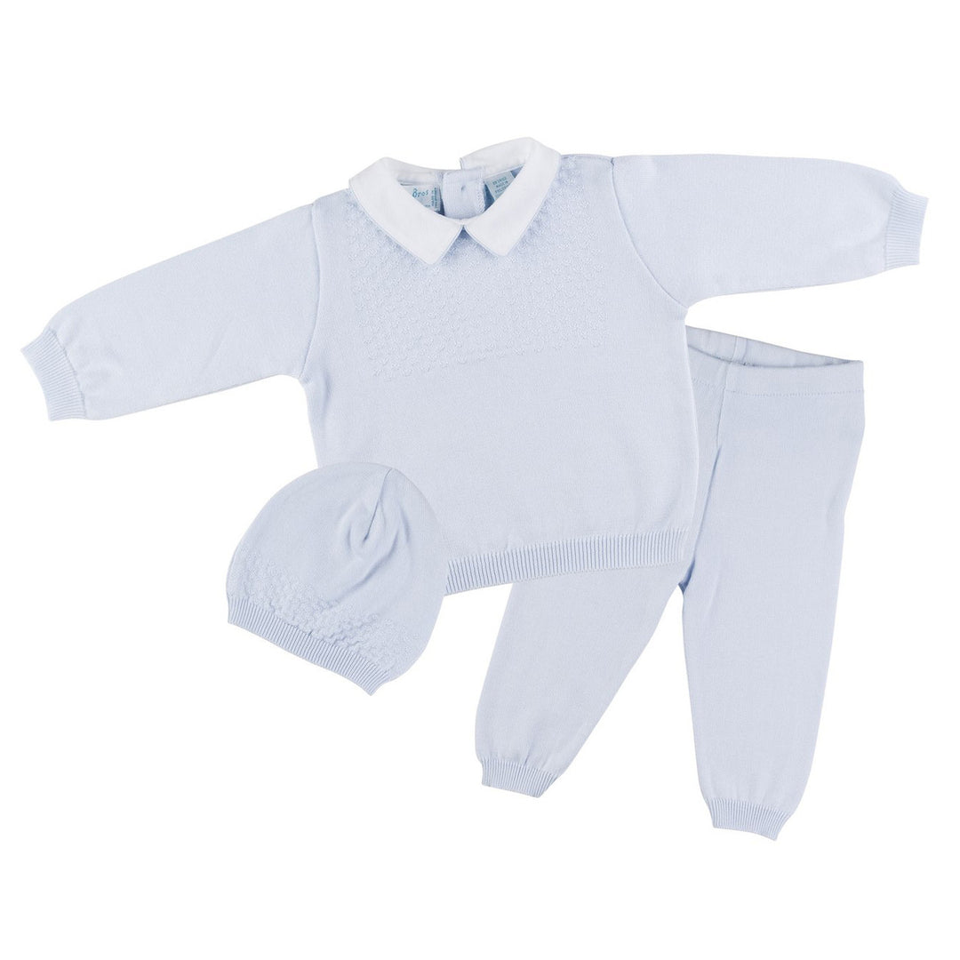 Knit Two Piece Pique Collar Pant Set & Hat