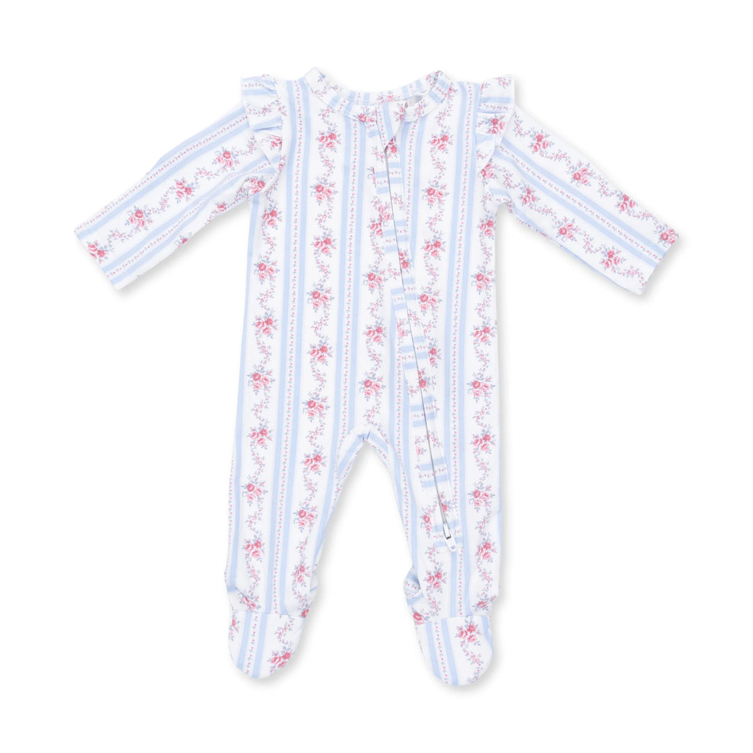 Anna Floral Stripe-2 Way Ruffle Sleeve Zipper Footie