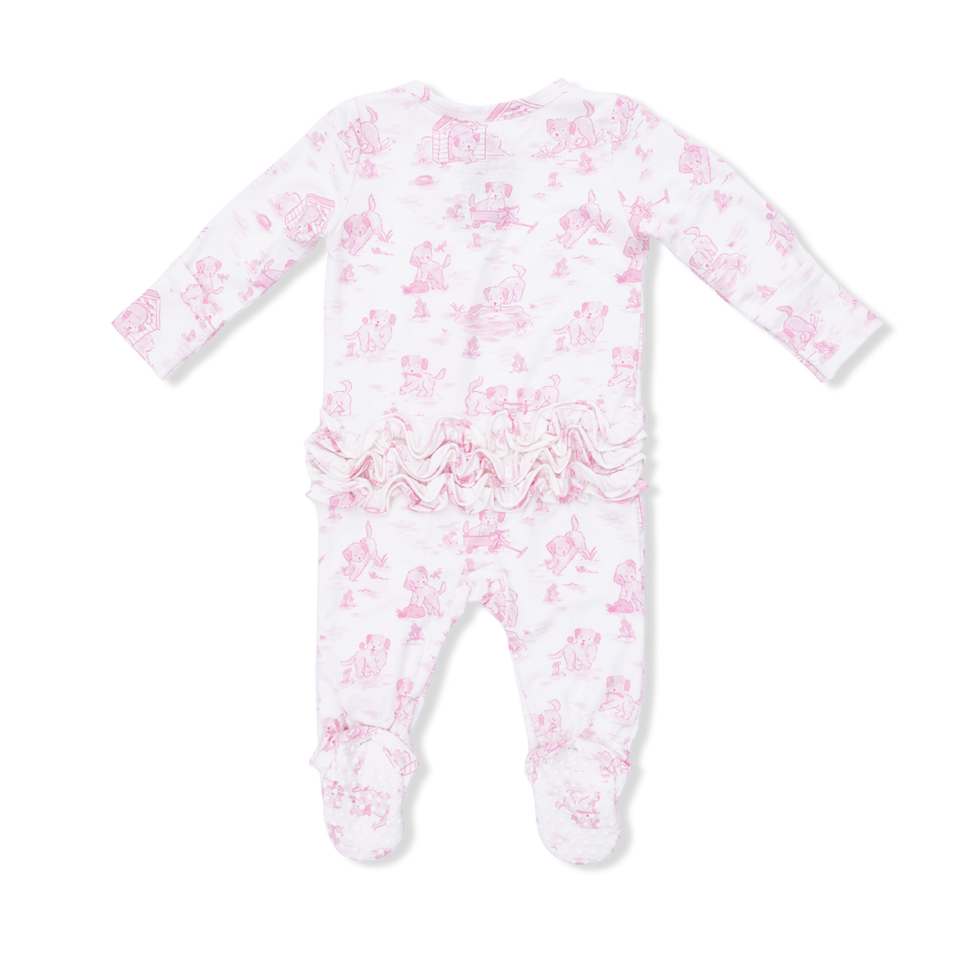 Puppy Toile 2 Way Ruffle Back Zipper Footie